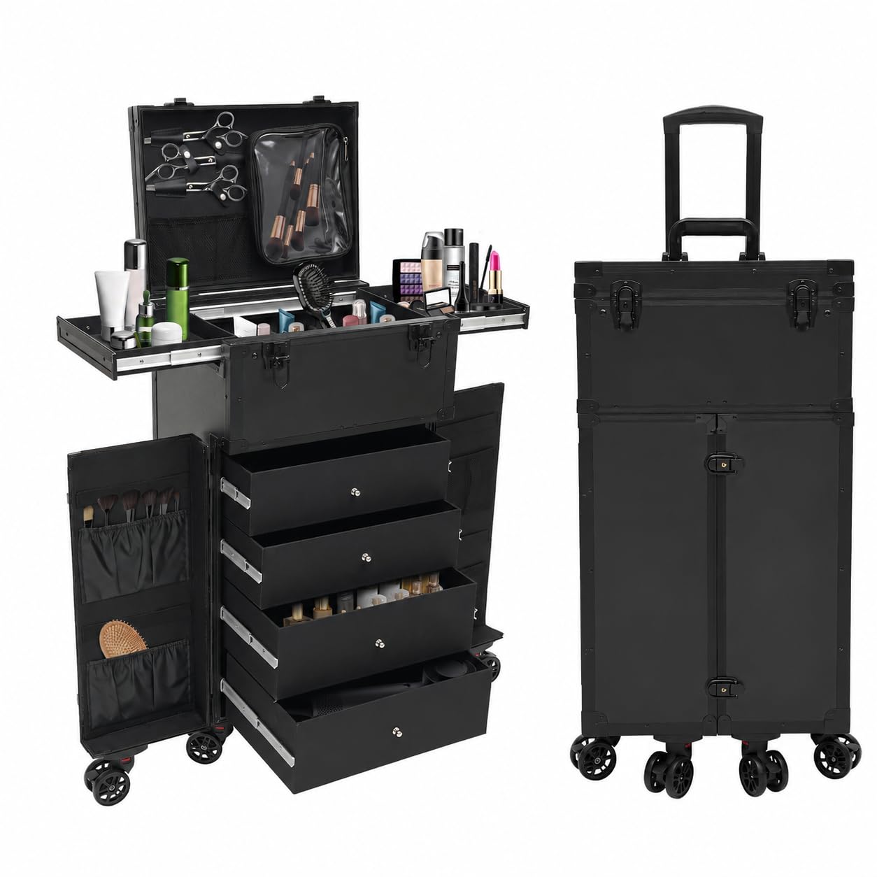 Schminkkoffer mit Rollen Aluminium, Make-up Koffer mit Schubladen | Großer Make-up Koffer mit Rollen und Schubladen: flexible Aufbewahrung für Kosmetik, Styling-Zubehör und Beauty-Tools unterwe