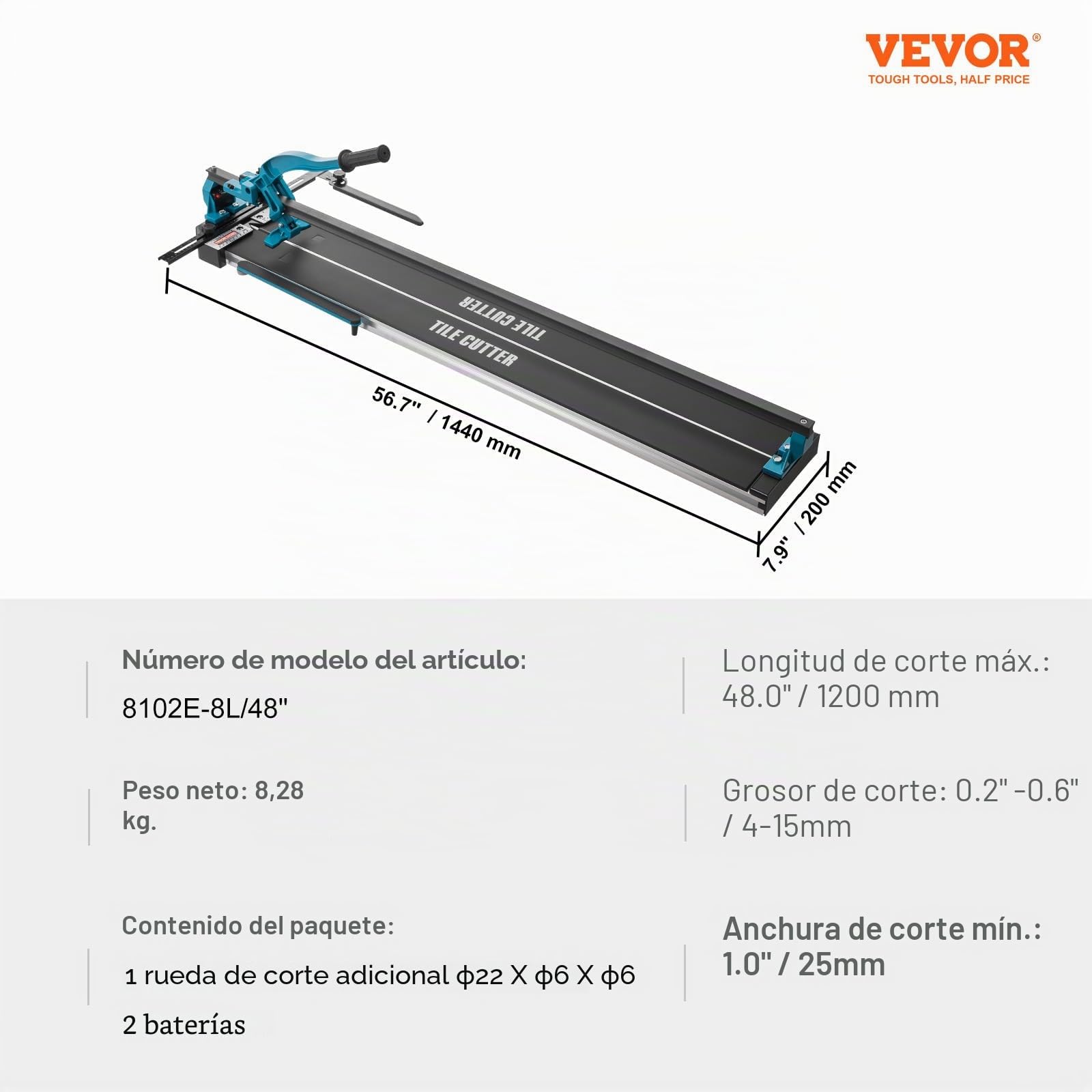 VEVOR Cortador manual de baldosas de 1200 mm corte eficiente 120 cm con posicionamiento ajustable