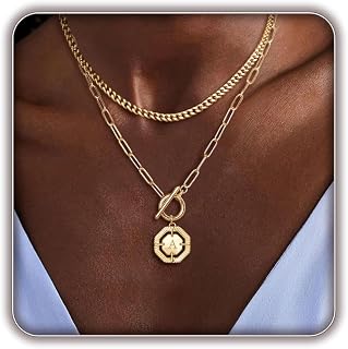 Layered Initial Necklaces for Women 14K Gold Plated Stackable Chunky Cuban Chain Choker Necklace Coin Letter Pendant Necklace Personalized Name Necklaces for Women Trendy Gold Jewelry Gift for Her