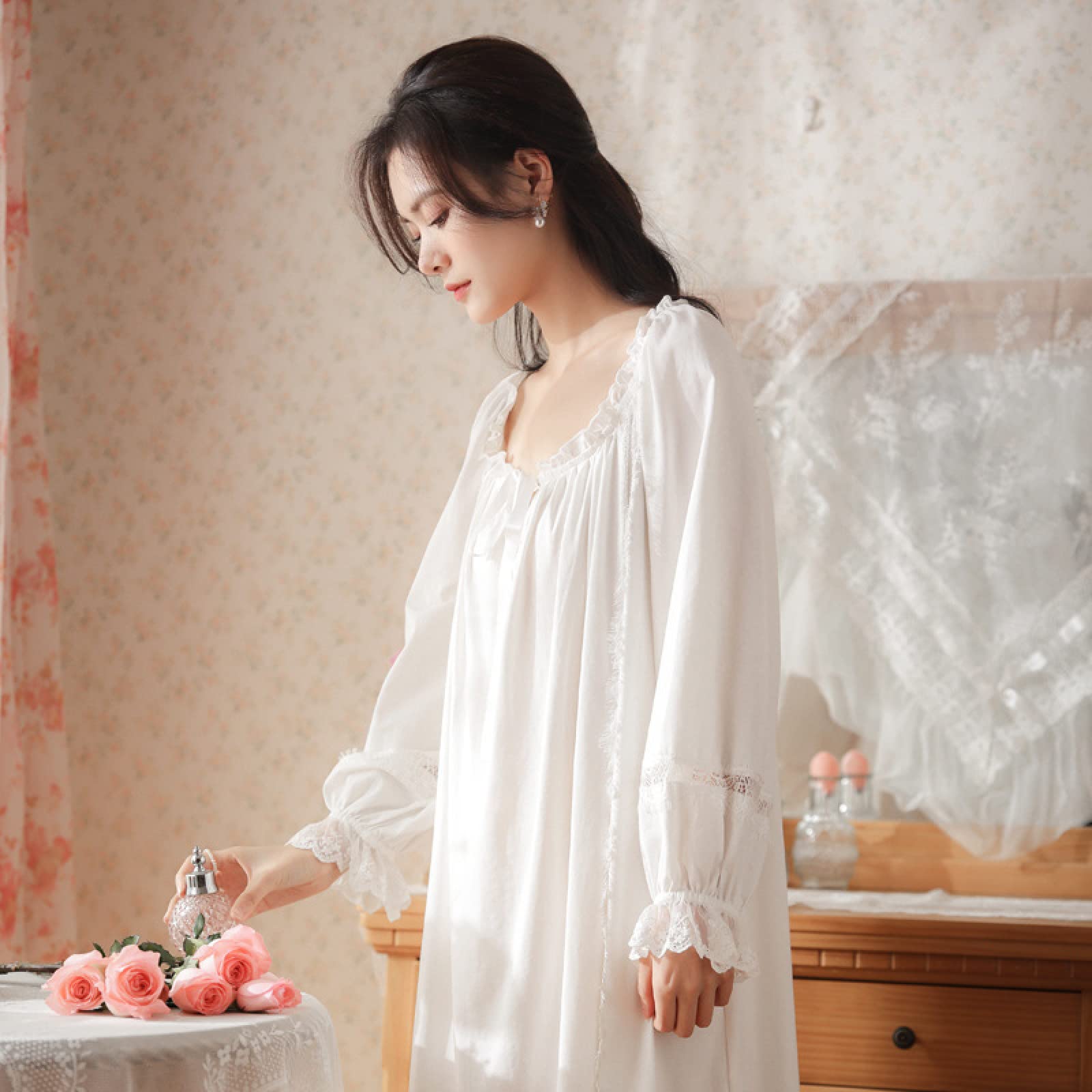 OFFSUM Camicia da Notte Donna - Primavera Girocollo Cotone Elegante Camicia da Notte retrò Palace Stile Camicia da Notte Principessa Casual Tinta Unita Nightwear Vestito