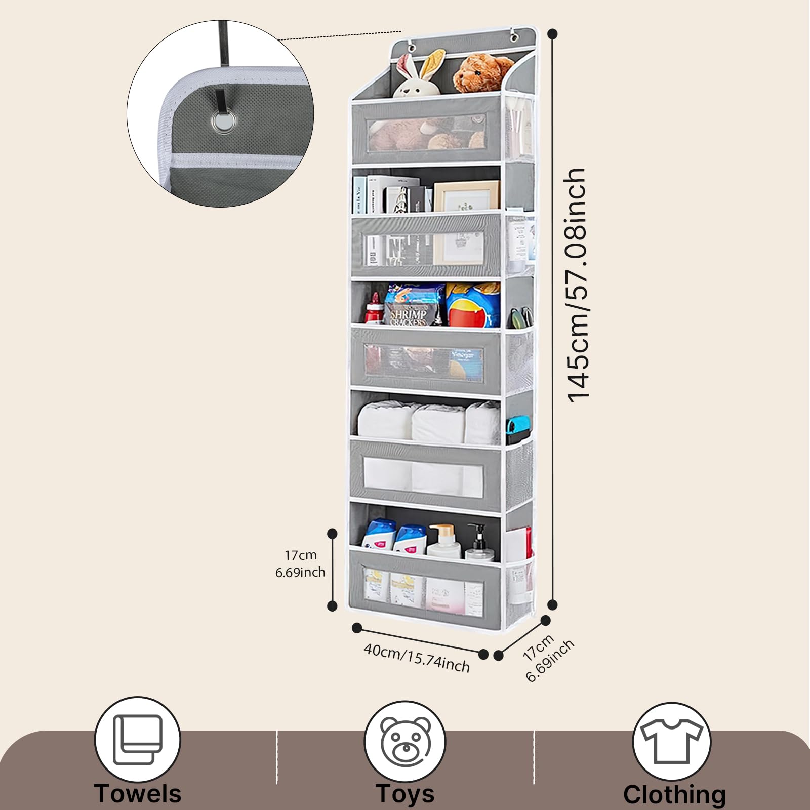 Organizador de almacenamiento sobre la puerta, organizador de puerta colgante con 5 bolsillos laterales de malla, estantes colgantes resistentes para juguetes, pañales, guardería, dormitorio