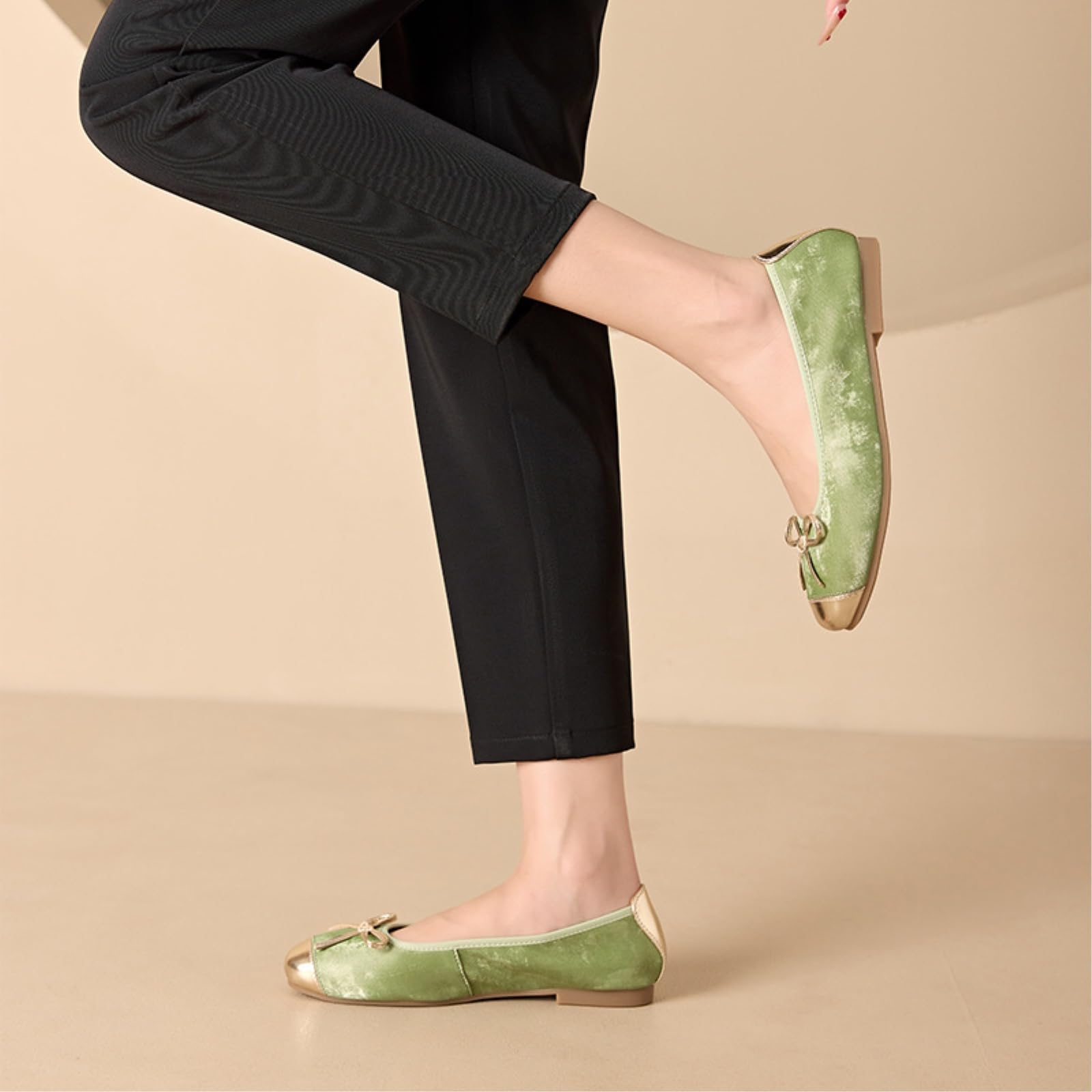 SMYDM - Ballerine da donna con fiocco, punta rotonda, in vera pelle di pecora, traspirante, resistente agli odori, senza lacci, comode, beige e champagne, Nero , 40 EU