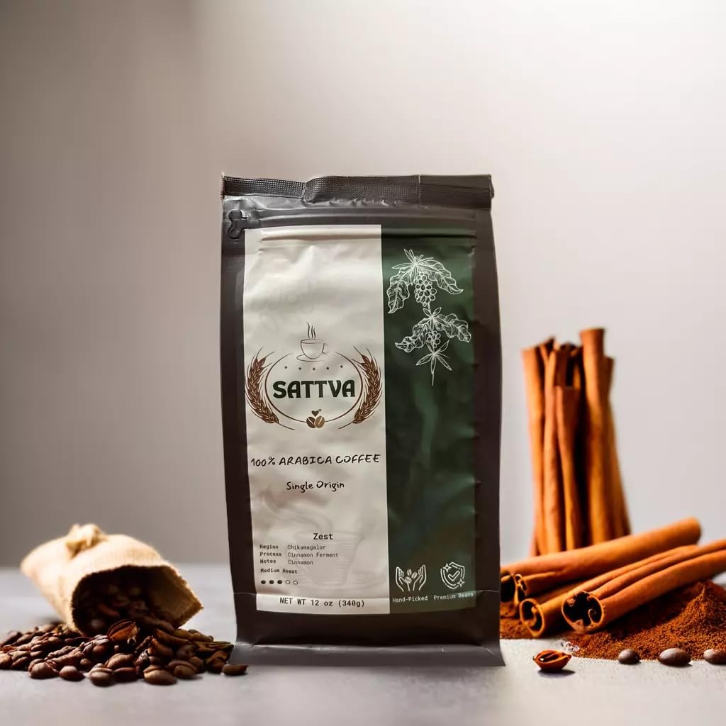 Sattva Coffee Zest Medium Roast Whole Bean Coffee, Low Acid 100% Arabica Beans with Warm Cinnamon Notes, Smooth Balanced Flavor, Single Origin Premium Coffee, Fresh Roasted 12 oz Bag