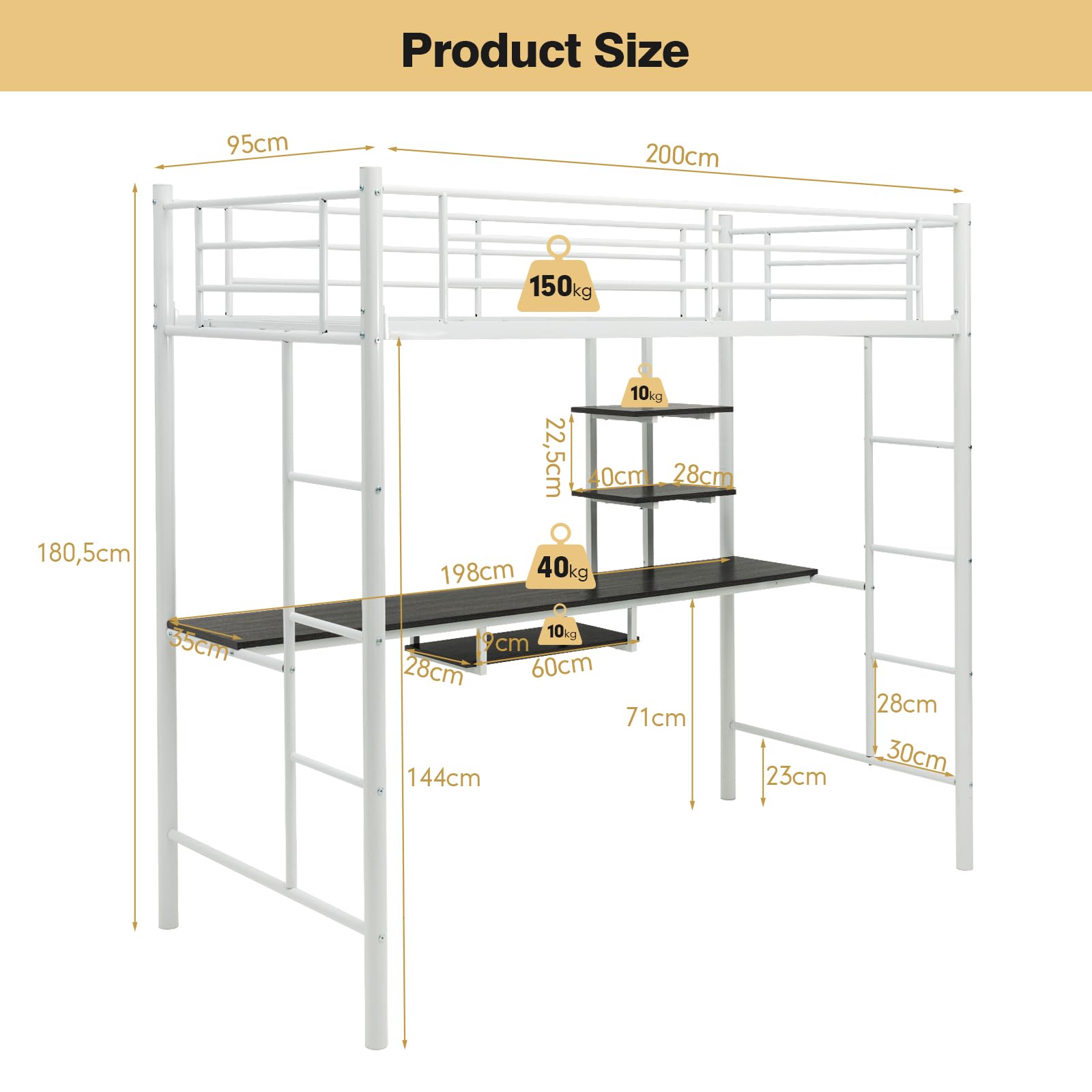 GIANTEX Letto a soppalco con scrivania, 200 x 95 x 180,5 cm, letto a castello con 2 scale e griglia di protezione per bambini, telaio per letto in metallo da 150 kg (bianco)