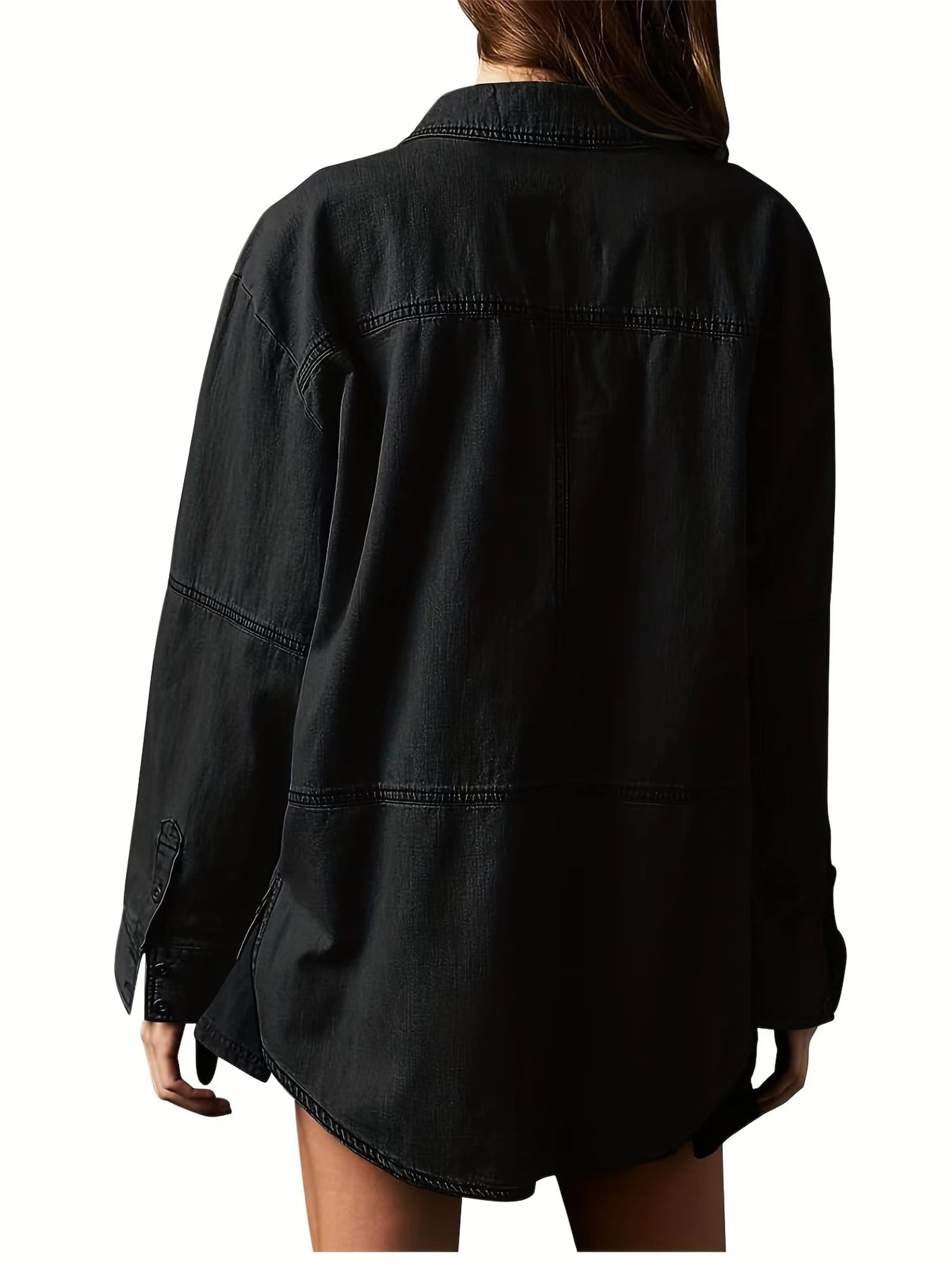 Camisa Vaquera Mujer Oversize Cuello V Manga Larga Blusa Denim Holgada con Bolsillos Casual