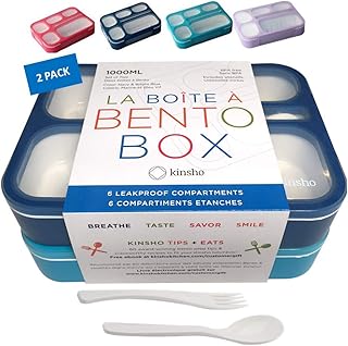 Bento-Box Lunch Boxes for Kids, Boys, Adults. Leakproof Lunch Set, Bentoboxes for School or Work. Portion Containers. BPA Free. 6 Compartments. Fork & Spoon. Blue & Navy Blue Large