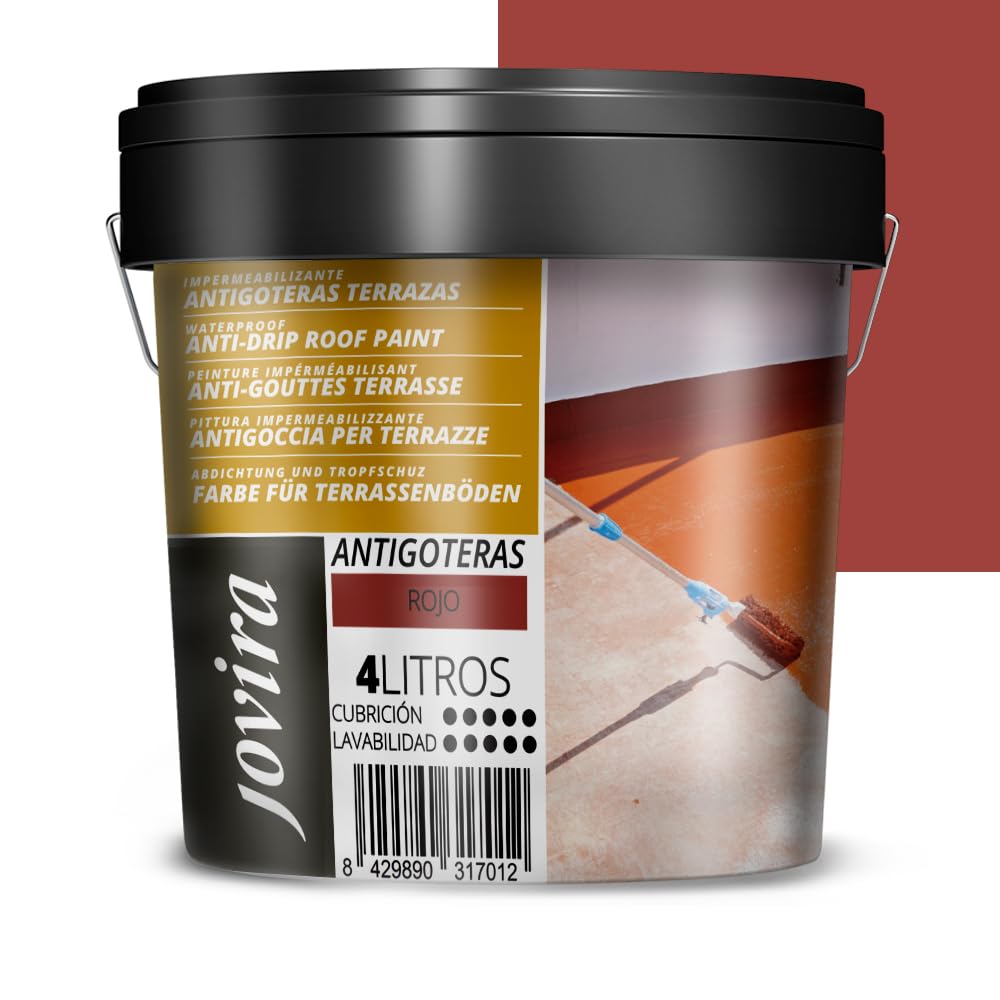 JOVIRA PINTURAS Impermeabilizante Antigoteras, Terraza Antigoteras Caucho Elástica, pintura de terrazas, evita filtraciones en todo tipo de cubiertas y terrazas. (4 Litros, Rojo) A-49