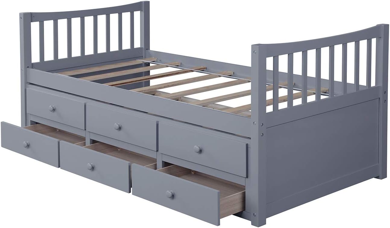 P PURLOVE Twin Size Daybed with Trundle,Wood Daybed Frame with Storage Drawer,Twin Trundle Daybed Frame with Slat for Living Room,Bedroom,Gray