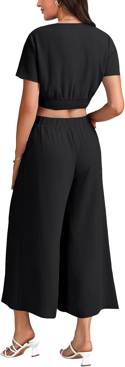 Rooscier Women's 2 Piece Outfits V Neck Tie Knot Front Crop Tops and Wide Leg Pant Sets Suit - Image 5