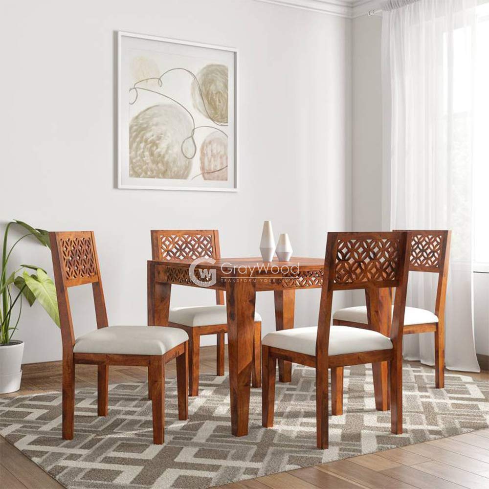 DRIFTINGWOOD Maharaja Sheesham Wood Dining Table 4 Seater | Wooden Four Seater Dinning Table with Cushion Chairs | Dinner Table 4 Seater | Dining Room Set Furniture | Self Assembly, Natural Brown