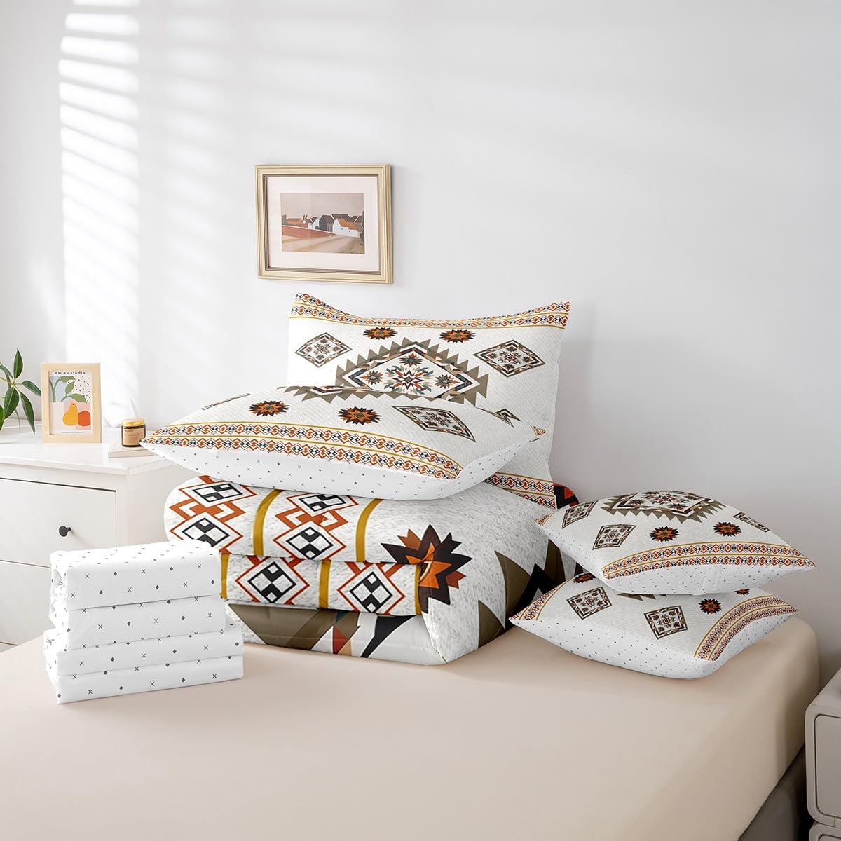 Erosebridal Western Bed in a Bag Queen Comforter Set 7 Piece Southwestern Aztec Bedding Sets,Indian Tribe Geometric Sheet Set Exotic Ethnic Tribal Arrow Bed Set,Geometric Diamond Triangle Room Decor
