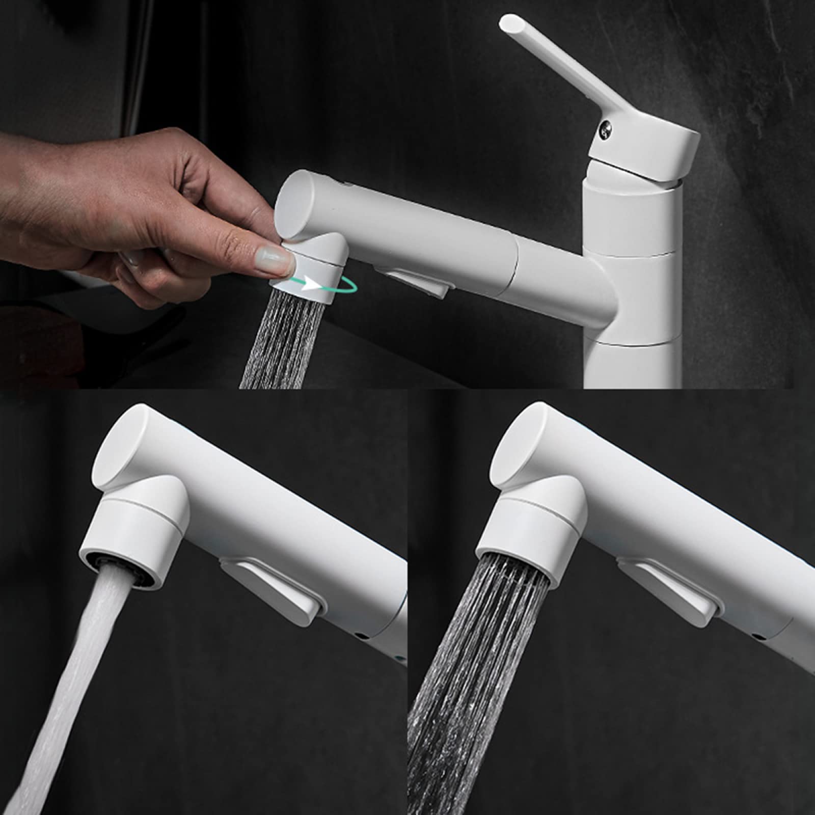 Rubinetto Lavabo con Doccetta Estraibile, Rubinetto Bagno Lavabo Ottone, 3 Funzioni Miscelatore Lavabo, Rubinetti Monocomando Regolazione a Caldo e Freddo, bianco, alto