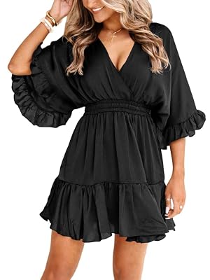 Aoysky Womens V Neck Casual Dresses Summer Loose High Waist Ruffle Pleated Cute Mini Short Dress