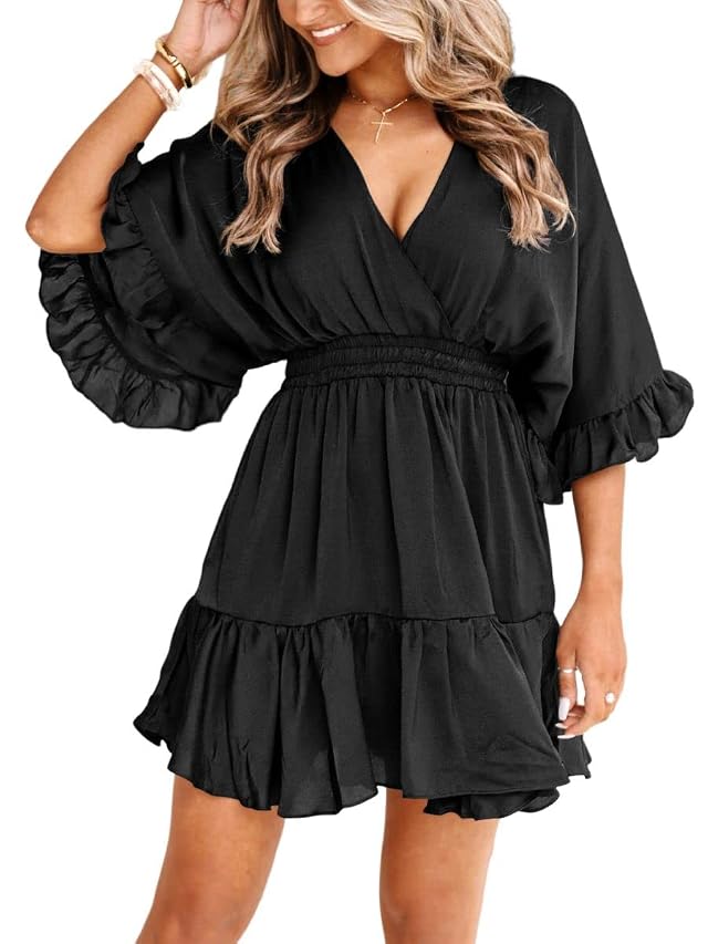 Aoysky Womens V Neck Casual Dresses Summer Loose High Waist Ruffle Pleated Cute Mini Short Dress