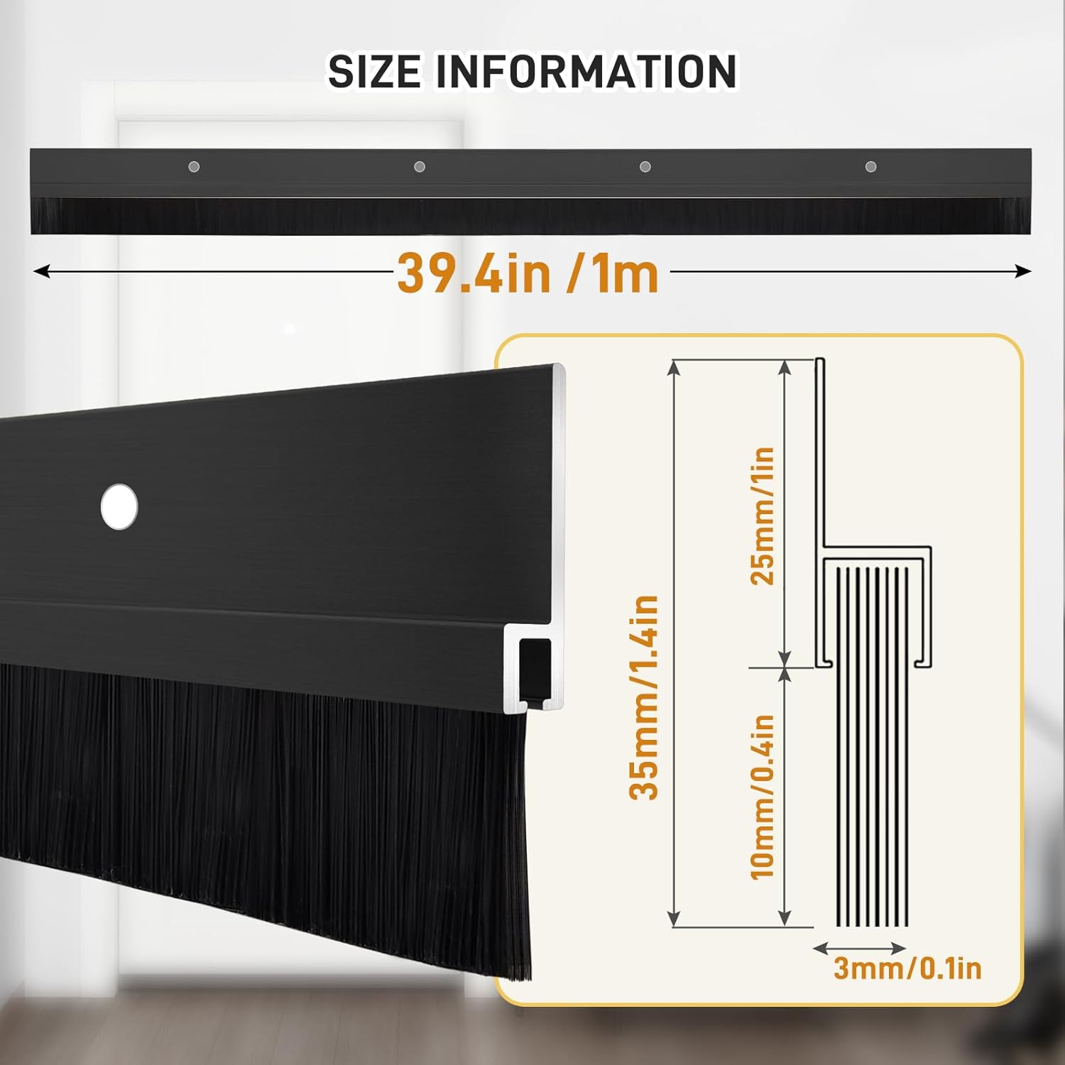 2 Pcs Door Sweep Door Brush Bottom Sweep with H-Shape Aluminum Alloy Base for Home、Industrial，0.4-Inch Door Brush (1.4Inch Wx39.4Inch L),Black