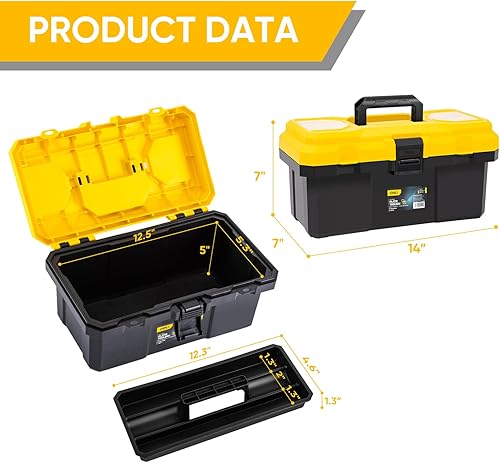 Miniatura 2 de DELI Caja de herramientas de 14 pulgadas con cerradura, organizador resistente de 2 capas con bandeja extraíble, tapa abatible para piezas pequeñas,
