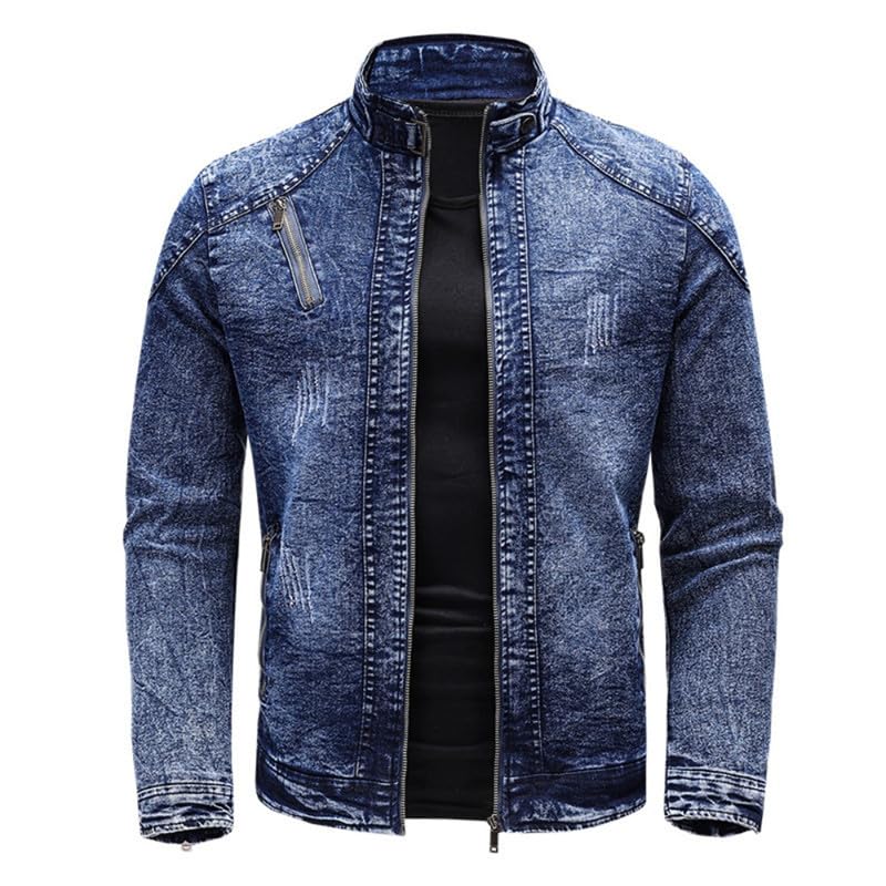 Dninmim Men's Solid Long Sleeves Denim Jacket Vintage Warm Slim Stand Collar Coats3