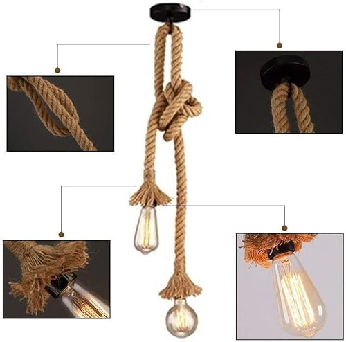 Miniatura 9 de MQ Lámpara colgante de cuerda de cáñamo vintage, lámpara colgante de dos cabezales, cable de linterna de 3.3 pies, enchufe E26 E27, accesorio de