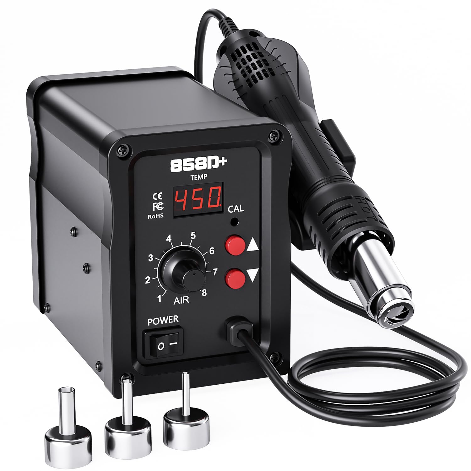 Stazione di Saldatura ad Aria Calda da 700 W, 858D Hot Air Rework Station con Display LED, 3 Ugelli, Temperatura Regolabile da 100 a 450 °C, Stazione Dissaldante SMD per Fai da Te, Ritocchi e Ripara