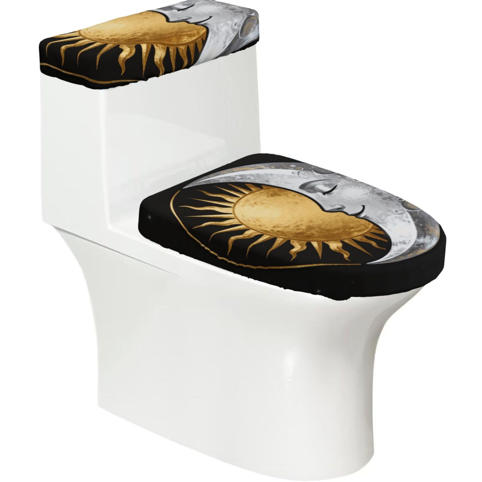 Sun Moon Face Elastic Toilet Cover Set of 2-Stretchy Lid and Tank Covers for Bathroom, Soft Washable U Shape Toilet Decor