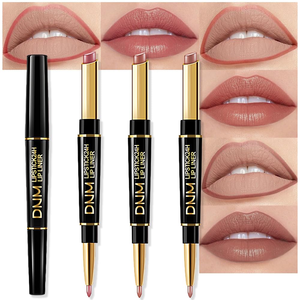 evpct3Pcs Nude Pink Brown Velvet Matte Lip Liner and Lipstick Combo Set Kit for Women, Magic 24 Hours Lipstick and Lip Liner Makeup Set Stain Long Lasting Waterproof labial