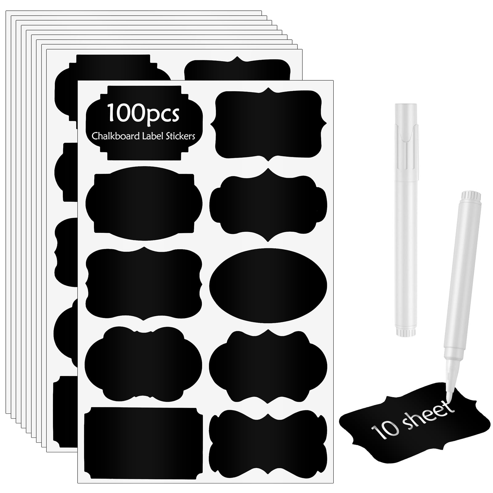Poeland 100pcs Chalkboard Label Stickers, 10 Assorted Shapes with 2 White Chalk Marker