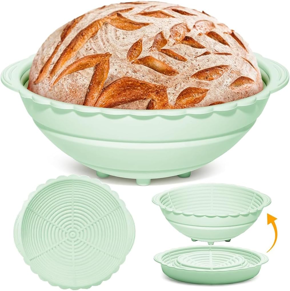 HASTHIP® 9.6-Inch Silicone Bread Basket, Round Folding Silicone Bread Proofing Basket, Food-Grade BPA-Free, Non-Stick Bread Baking Supplies for Sourdough, Artisan Bread (Green)