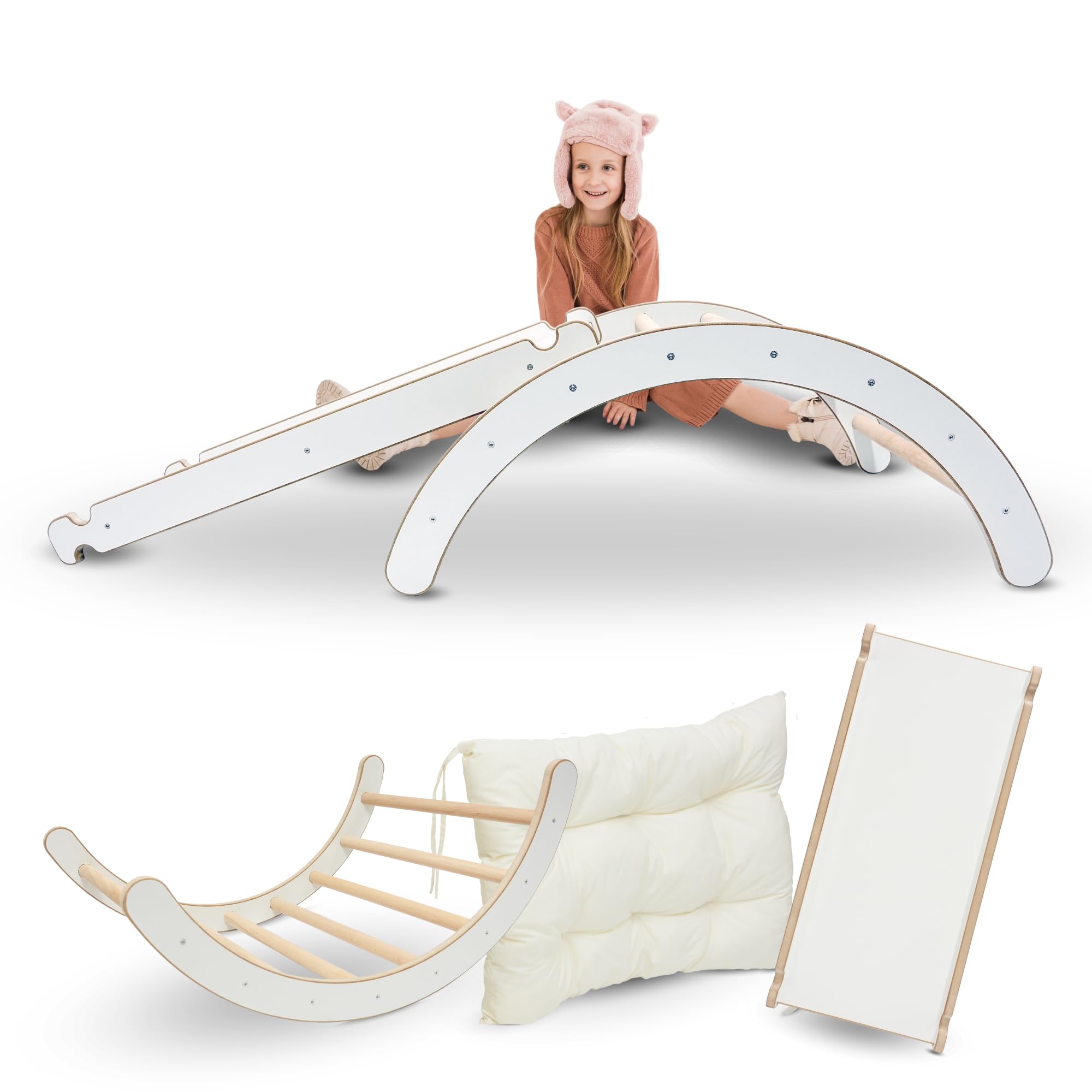 MAMOI® Klettergerüst Indoor 3 in 1 Set. Montessori Kletterbogen mit Kissen, Indoor Spielplatz und Rutsche