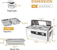 Vista 8 de ROVSUN Juego de Chafing Dish de Buffet con Tapa Enrollable, NSF 9 Cuartos Rectangular de Acero Inoxidable Chafer para Catering, Servidores de Buffet