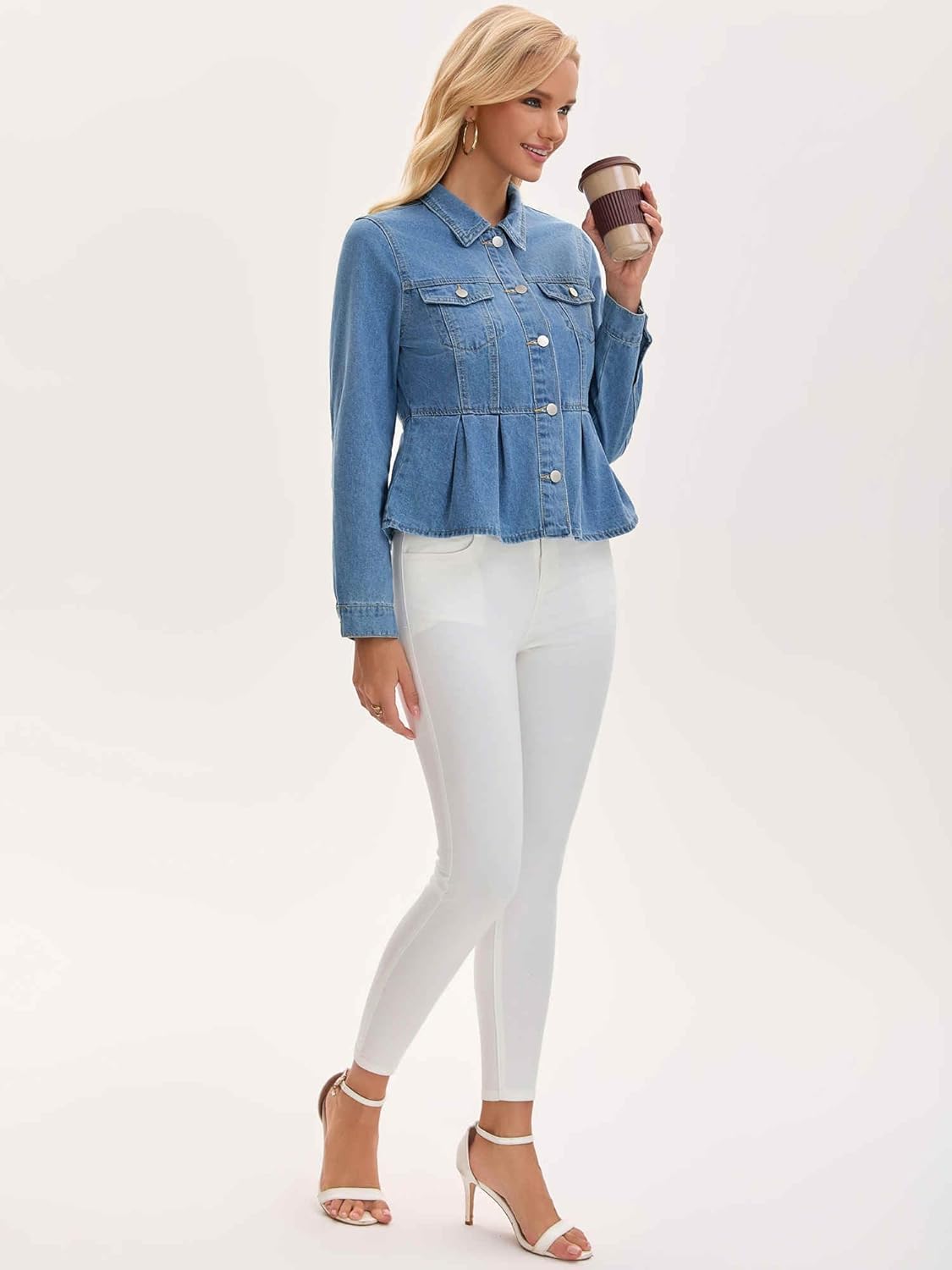 Women's Denim Jacket Button Down Collar Ruffle Hem with Pockets Peplum Jean Jackets - Image 3