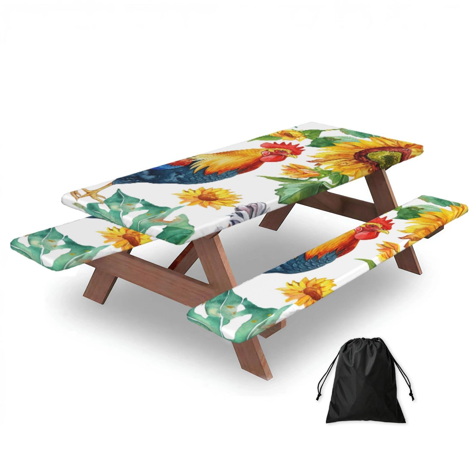 Nappe de pique-nique ajustée avec housses de banc, nappe de camping imperméable pour l'extérieur - Motif tournesol aquarelle - 183 cm