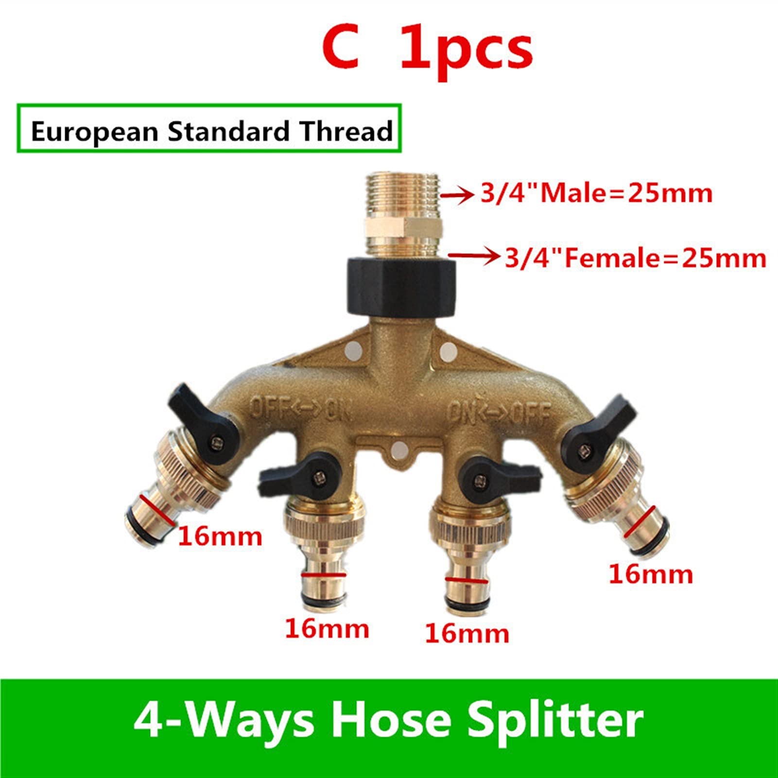 Lnanqing-schlauchverbinder messing 4 Wege Messing-Tap-Adapter Schlauchventil-Verteiler-Schlauch-Splitter-TAP-Adapter Schlauch-End-Armaturen vier Kanal, 1pc, Anschluss für Gartenschlauch ( Color : C )