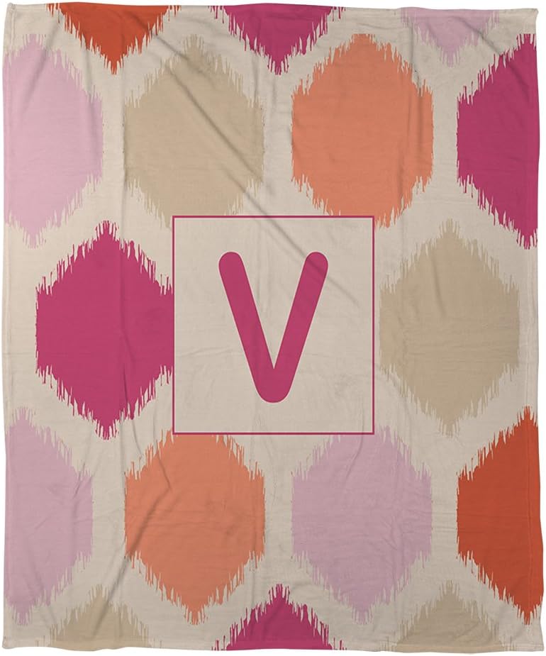 Manual Woodworkers & Weavers Coral Fleece Throw, 30 by 40-Inch, Monogrammed Letter V, Pink Batik