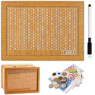 Atuoxing Salvadanaio con Contatore, Legno per Adulti e Bambini, Obiettivo di Risparmio Riutilizzabile (1000€)