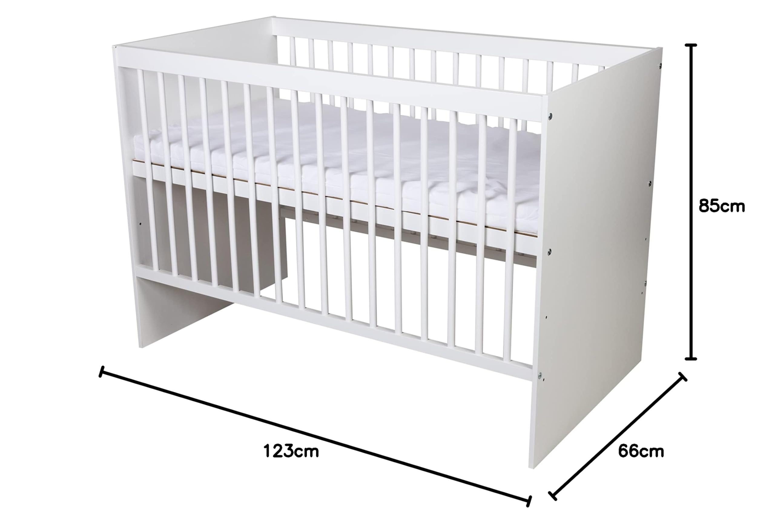 Lit Tany Blanc 120 x 60 cm - Lit bébé avec sommier à Lattes 3 Niveaux réglables en Hauteur - Bois de pin laqué