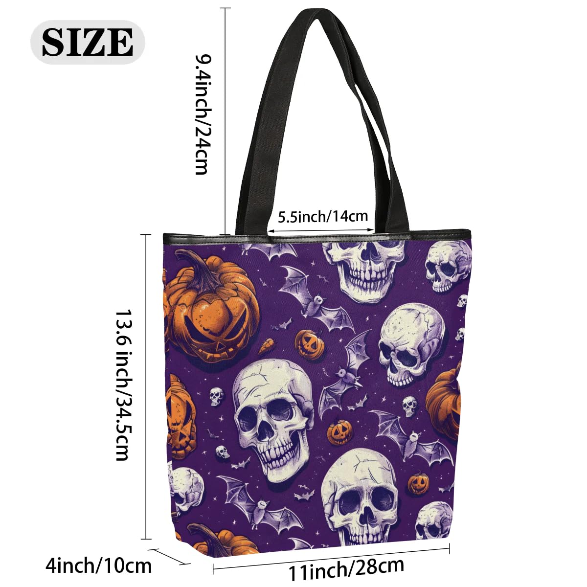 Mularoka Skulls Bats Pumpkins Canvas Tote Bag with Zipper and Pockets Canvas Tote Shopping Bag Women Reusable Grocery Bag for Beach Travel Gym Shopping