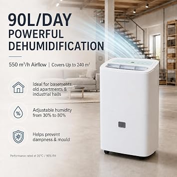 Commercial Dehumidifier Smart Portable: 90L/Day Pump Drain & 8L Tank for Home Bedroom Bathroom Basement Garage Kitchen Drying Clothes Large Spaces Families