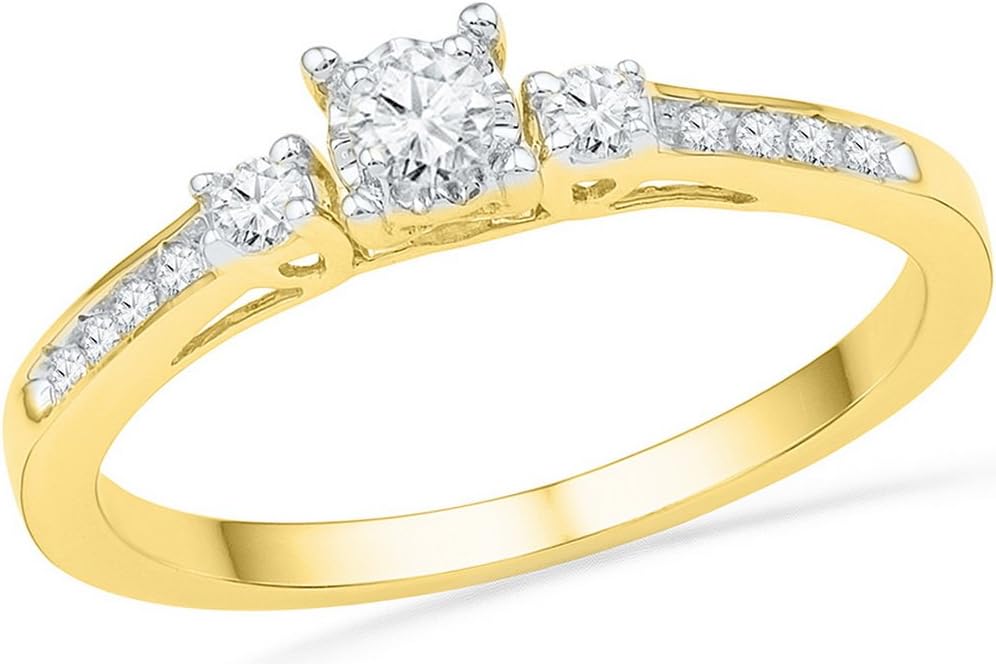 Solid 10k Yellow Gold Round White Diamond Engagement Ring OR Fashion Band Prong Set 3 Stone Shaped Past Present Future Ring (1/6 cttw)