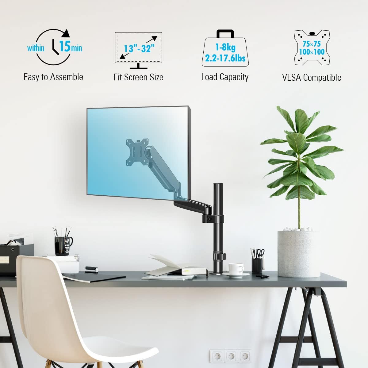 Best Review MOUNTUP Single Monitor Mount, Height Adjustable Gas Spring Monitor Arm Desk Mount for 17-32 Inch Computer Screens, Swivel Monitor Stand Holds 4.4-17.6 lbs, Fits VESA 75x75mm & 100x100mm MU0025