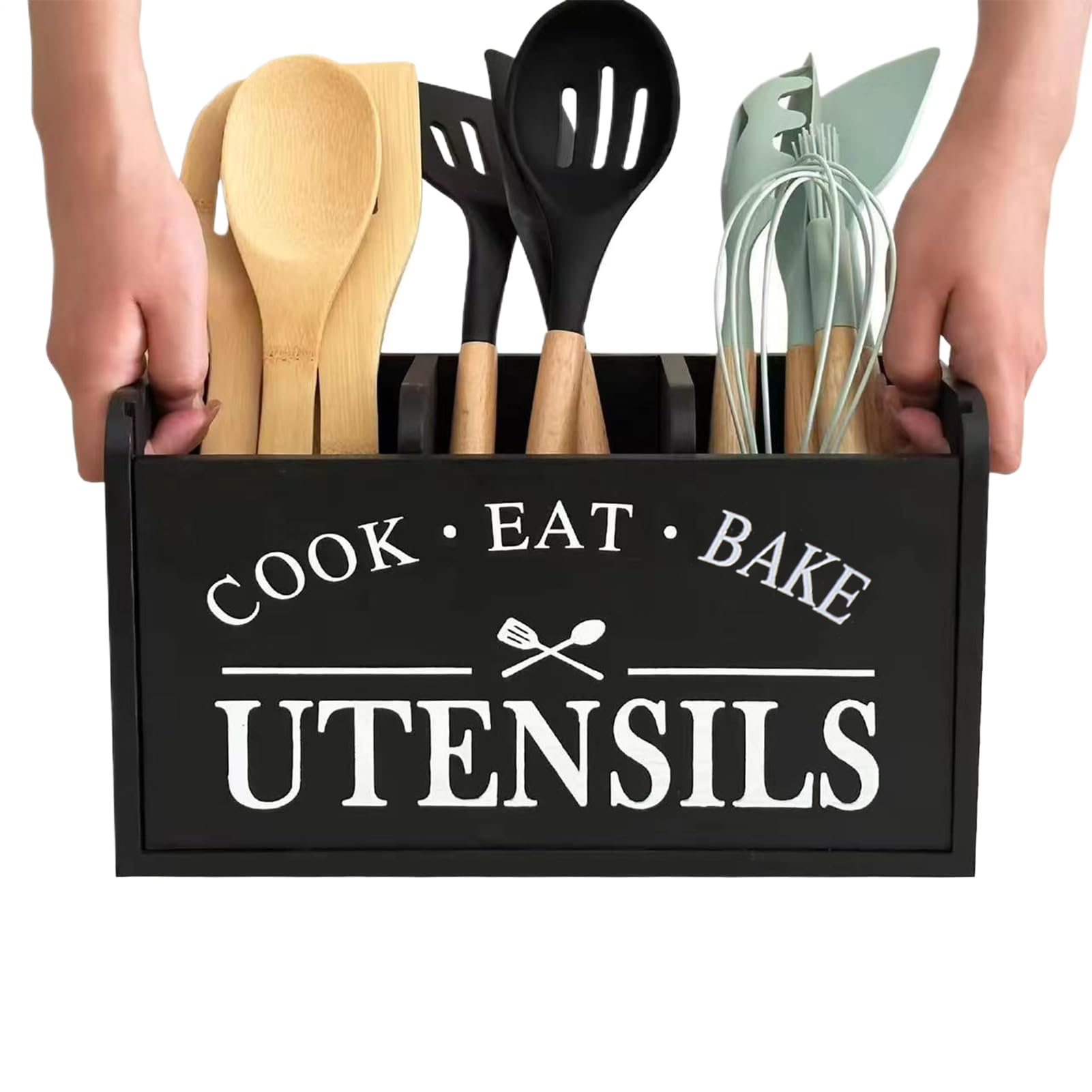 Porte-ustensiles en bois de cuisine à 3 compartiments pour comptoir