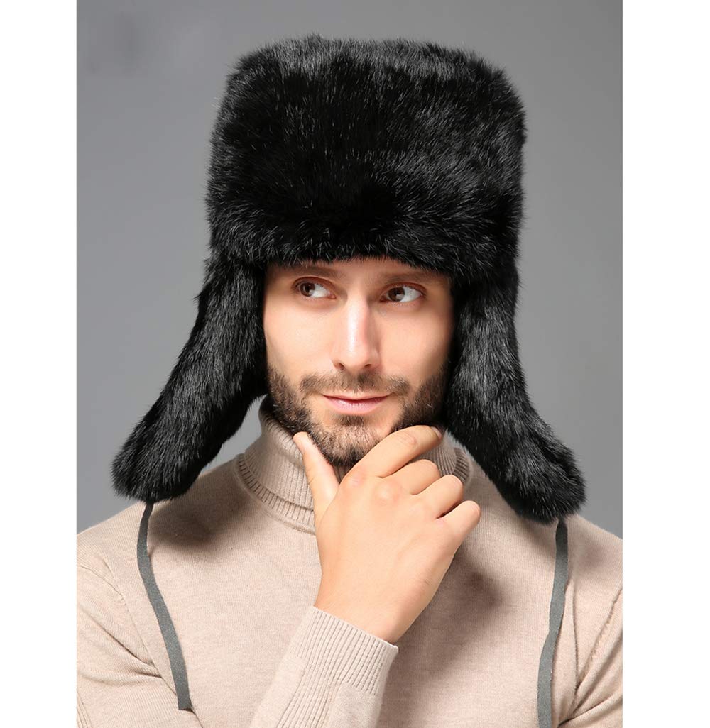 Men Genuine Rabbit Hair Russian Ushanka Winter Hats Trapper Hat Ear Flaps Black