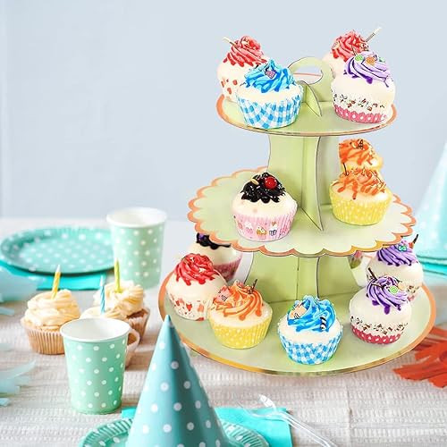 Miniatura 11 de Paquete de 2 soportes de cartón para tartas, 3 niveles de papel para postres redondos para cupcakes, soporte de repostería desechable
