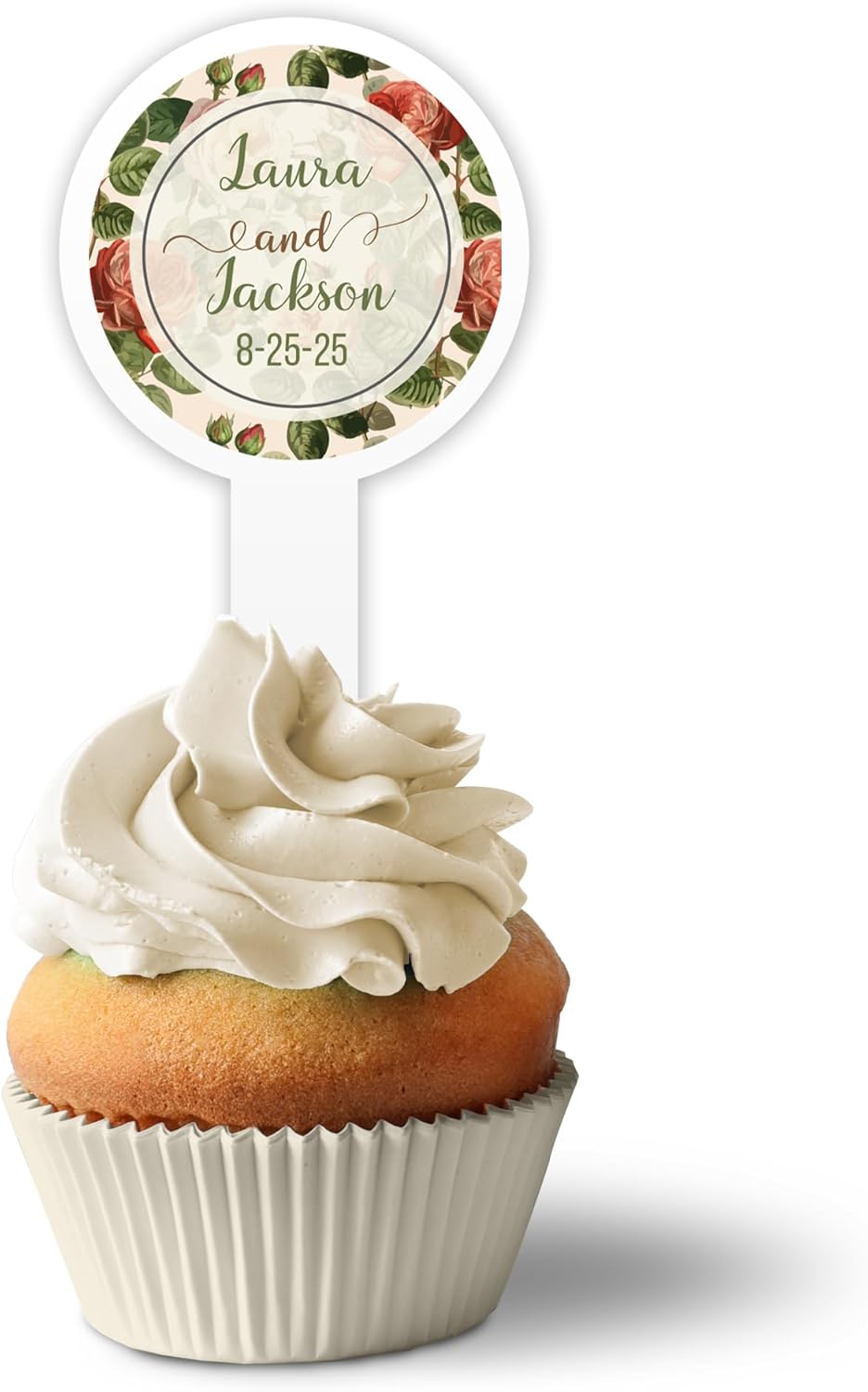 Custom Wedding Cupcake Toppers, Plastic Rose Cupcake Picks, 2x4 Inches, Wedding Party Decorations, American Made (25)