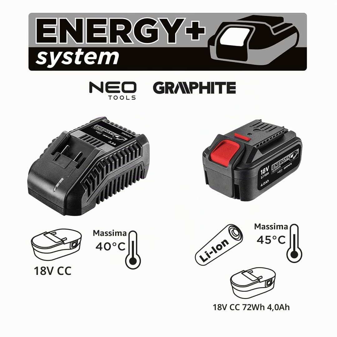 GRAPHITE Batteria da 4 Ah con caricatore E+ Kit: 58G004 (Energy + 18 V, batteria agli ioni di litio da 4,0 Ah), 58G002 (caricabatterie Energy +, 2,3 A)