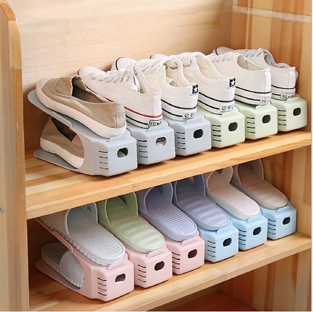 Plastic Shoe Slots Organizer Space Saver – Adjustable Double Deck Shoe Rack for Closet, Wardrobe & Home | Foldable Stackable Shoe Storage Stand for Small Spaces (Set of 12)-image-46