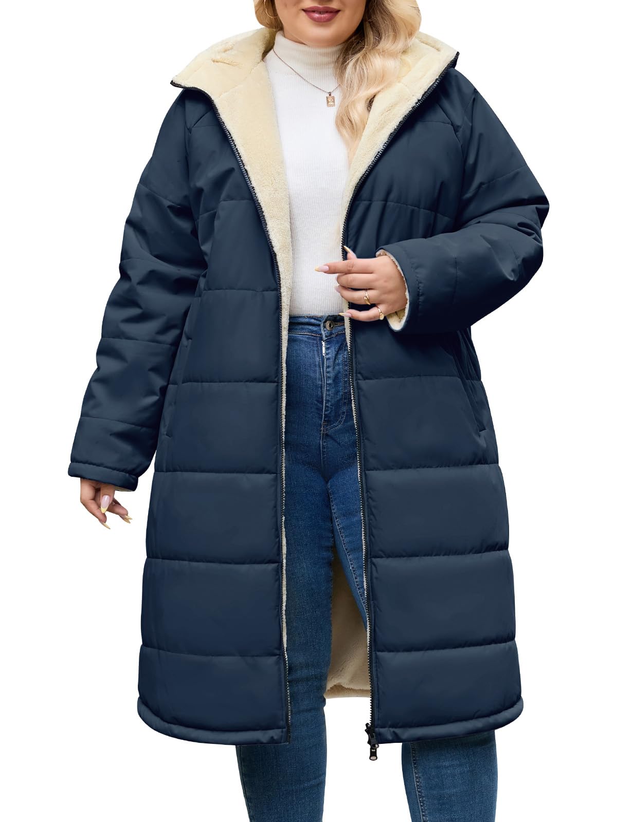 CMTOP Cappotto Donna Invernale Taglie Forti Lungo, Foderati in Pile Caldo Giubbotto Antivento Parka Elegante Classico Giacca Imbottito Giaccone con Cappuccio, Cerniera e Tasche