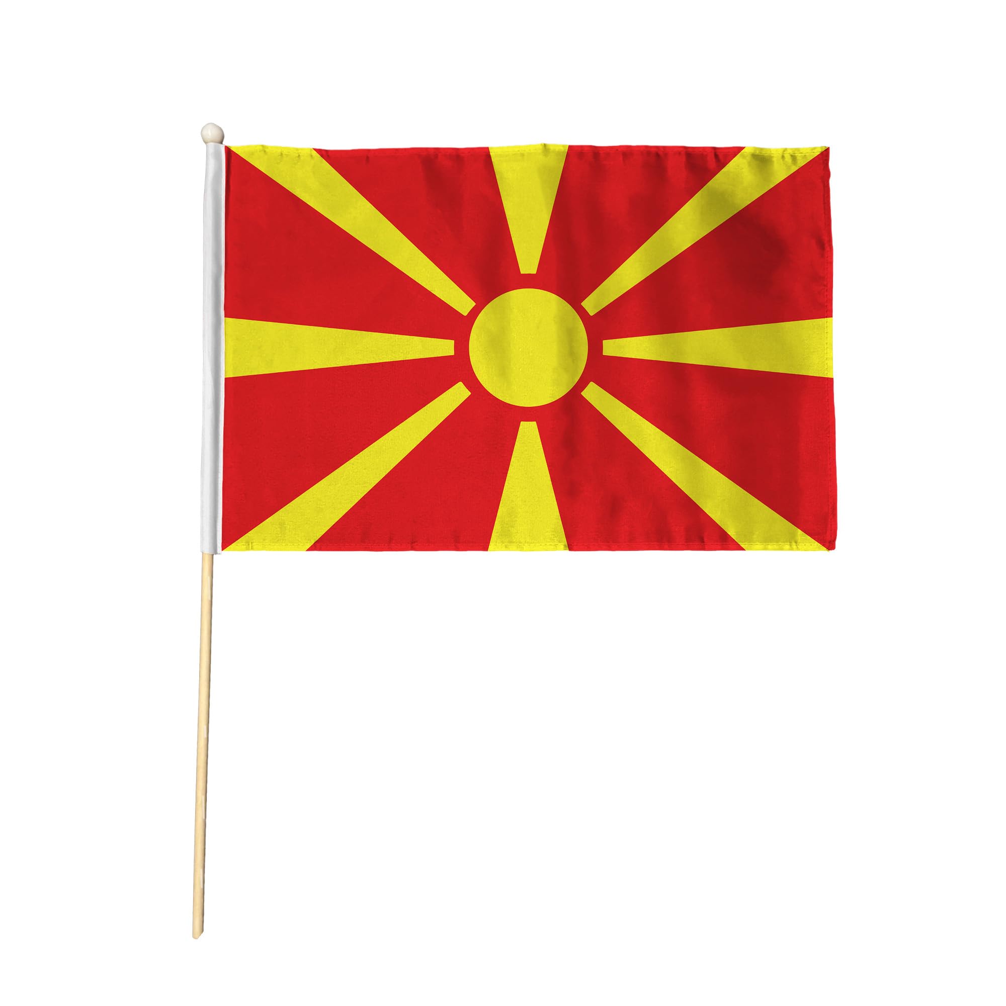 Flagtex North Macedonia New Hand Waving Flag (18x12 Inch Large) - Premium Wooden Stick Hand Flag Big Size Natural Wood Pole European Red Yellow Sun Rays Flag Events Parades