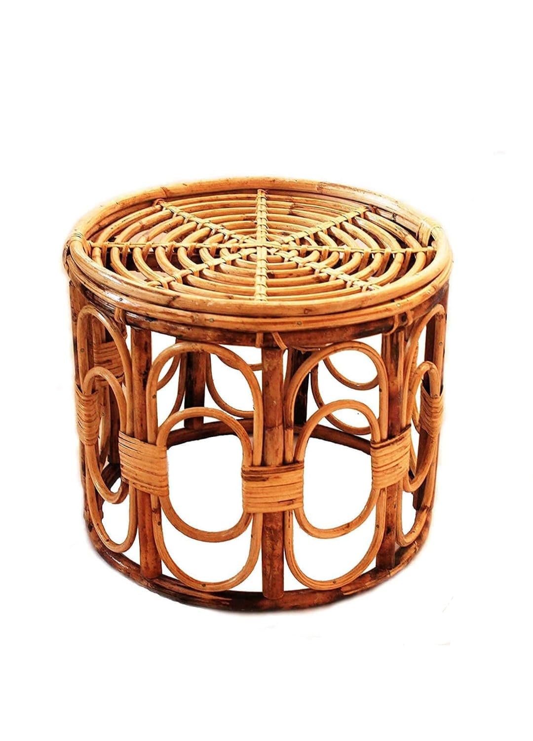 Round Cane Stool (Mooda/Mora) for Sitting | Handmade Bamboo Cane Stool for Living Room, Balcony & Garden | Natural Wicker Ottoman Footstool for Home Decor (Dia 16inch)-image-32