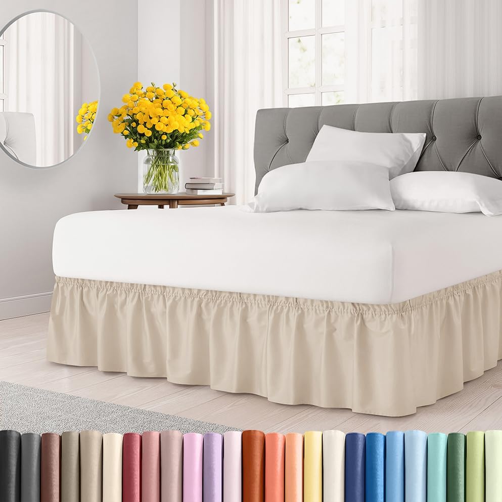 Wrap Around Dust Ruffle Bed Skirt - Wheat - for Queen Size Beds w/ 15 Inch Drop - Easy Fit Elastic Strap - Adjustable Pleated Bedskirt w/Brushed Fabric - Wrinkle Free - for Women, Men, Kids & Teens Queen 15" - Drop 10 - Wheat
