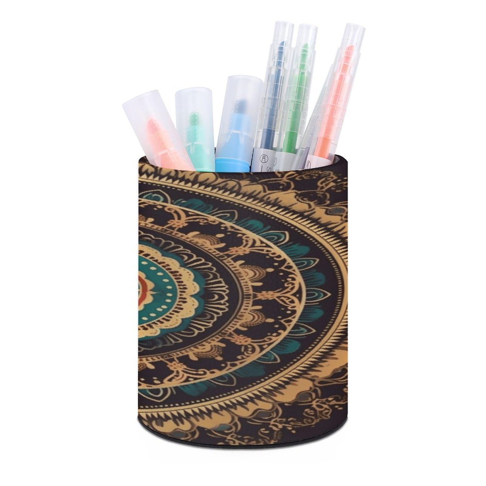 VstaDank Mandala Pen Holder Leather Pencil Cup Round Pencil Holder for Desk Organizer Personalized Pen Cup Fashion Pen Organizer Makeup Brush Holders for Office Home&Gift